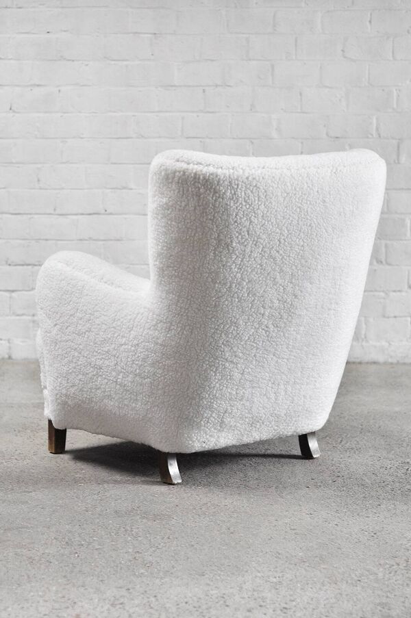 Fauteuil modèle 1669 en laine blanche,  Fritz Hansen, Danemark années 1940