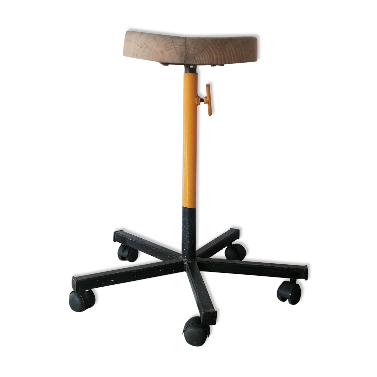 Former workshop stool - Wood and metal - Workers' manufacturing - On wheels - 1980