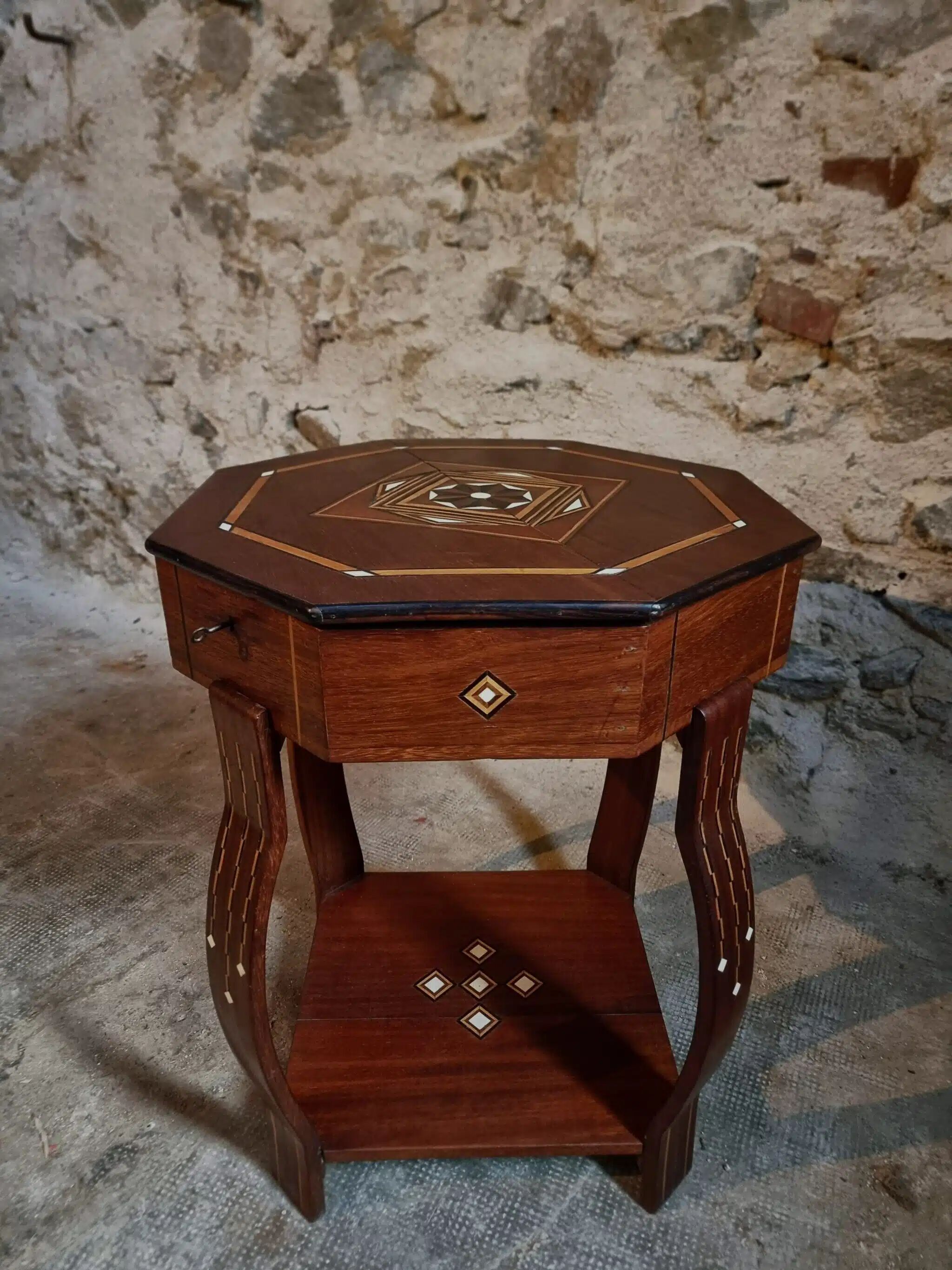 Table d'appoint incrustée, table à couture, bois d'acajou, table de rangement Art déco