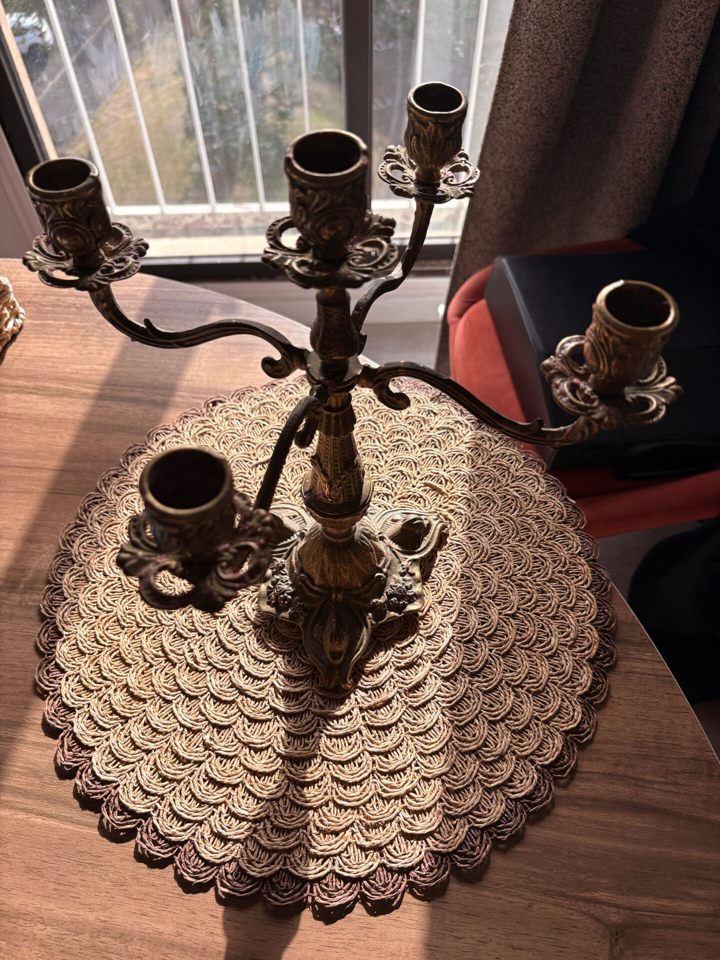 Antique bronze candelabrum with 5 arms - dolphin head feet