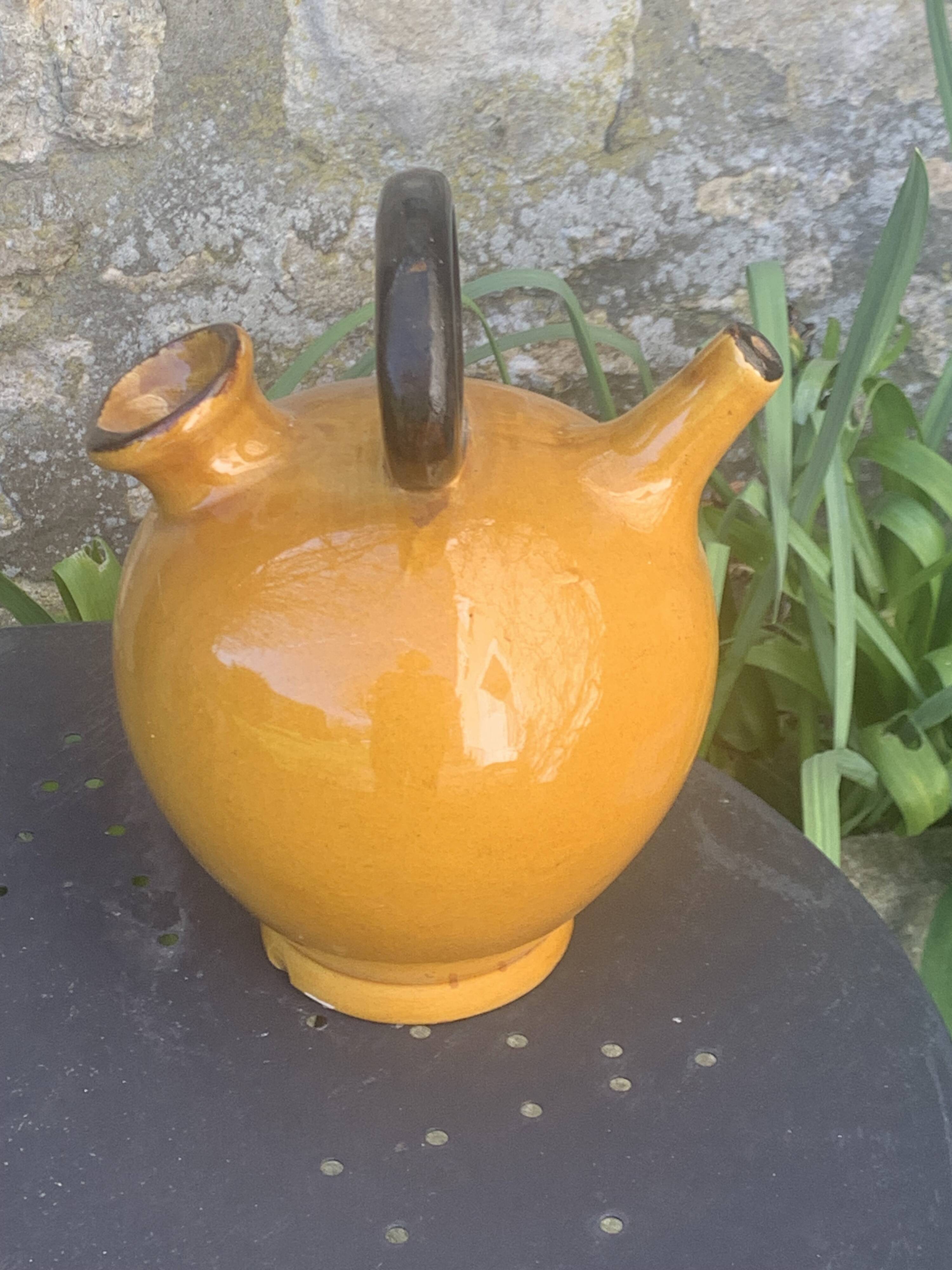 Gargoulette, Provençal jug in enamelled ceramic, vintage ochre color