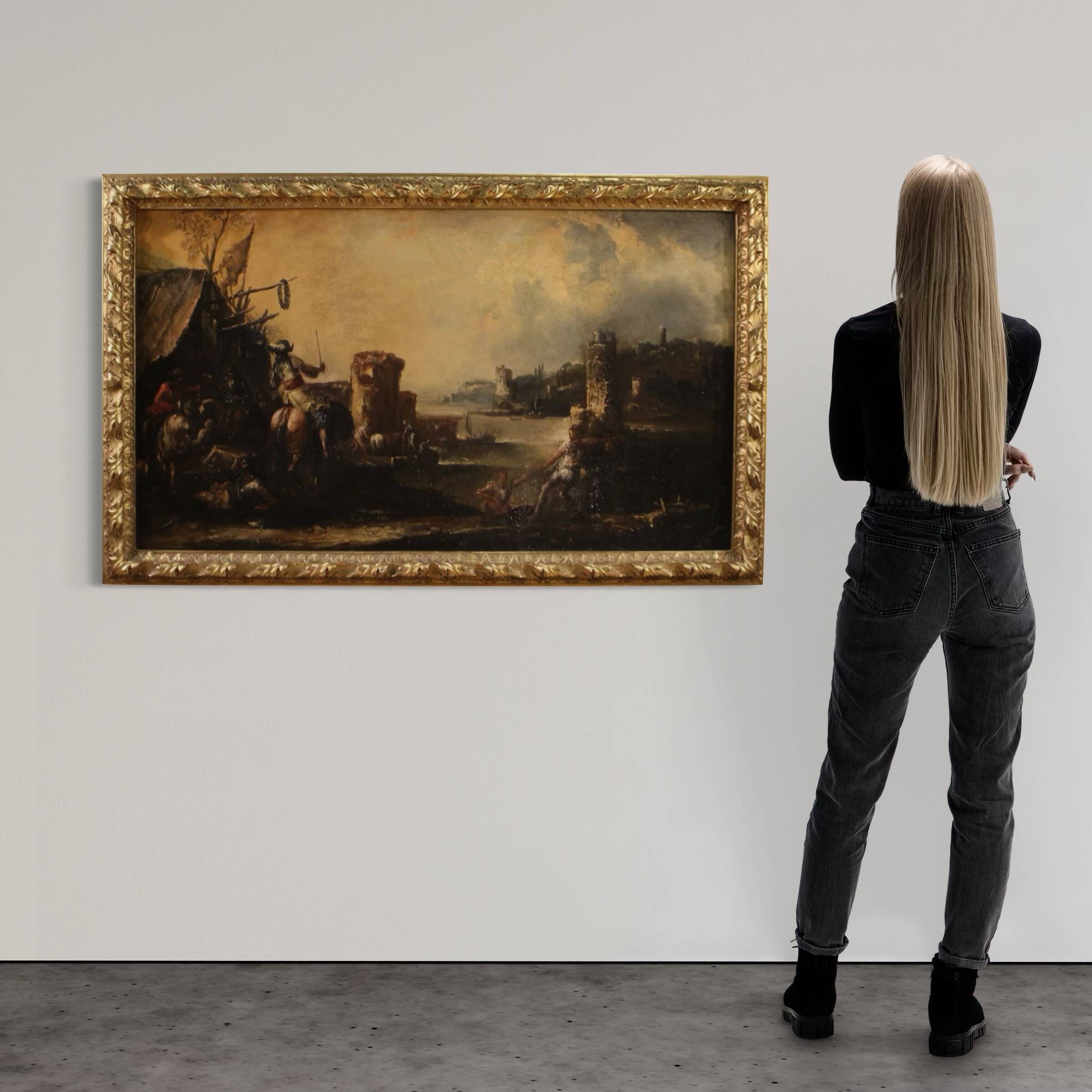 Great 18th century painting landscape with knights
