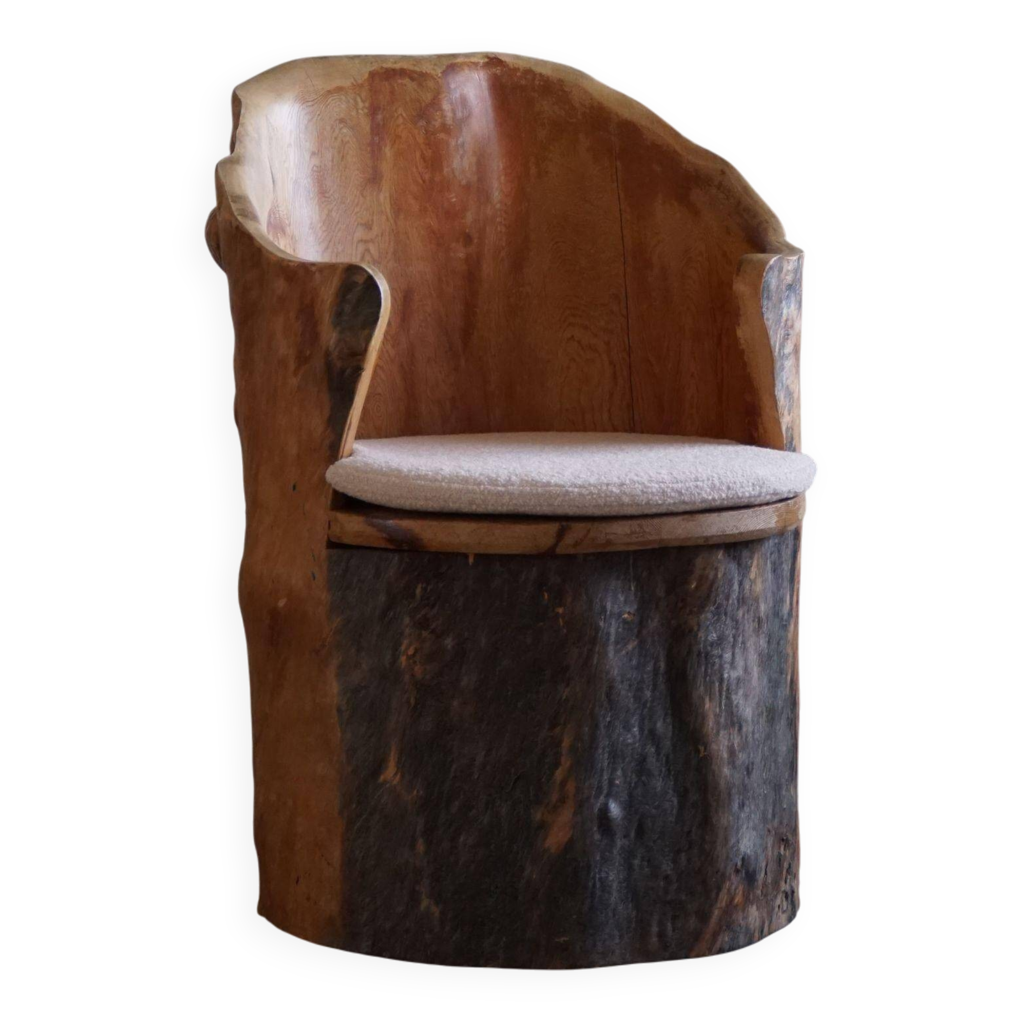 Sculptural brutalist armchair handcrafted in solid pine, Wabi Sabi style, Sweden, 1970s.