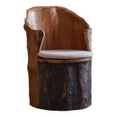 Sculptural brutalist armchair handcrafted in solid pine, Wabi Sabi style, Sweden, 1970s.