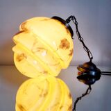 Lampe à suspension art déco en glaçure opaline, gemarmerd, messing, jaren 1930