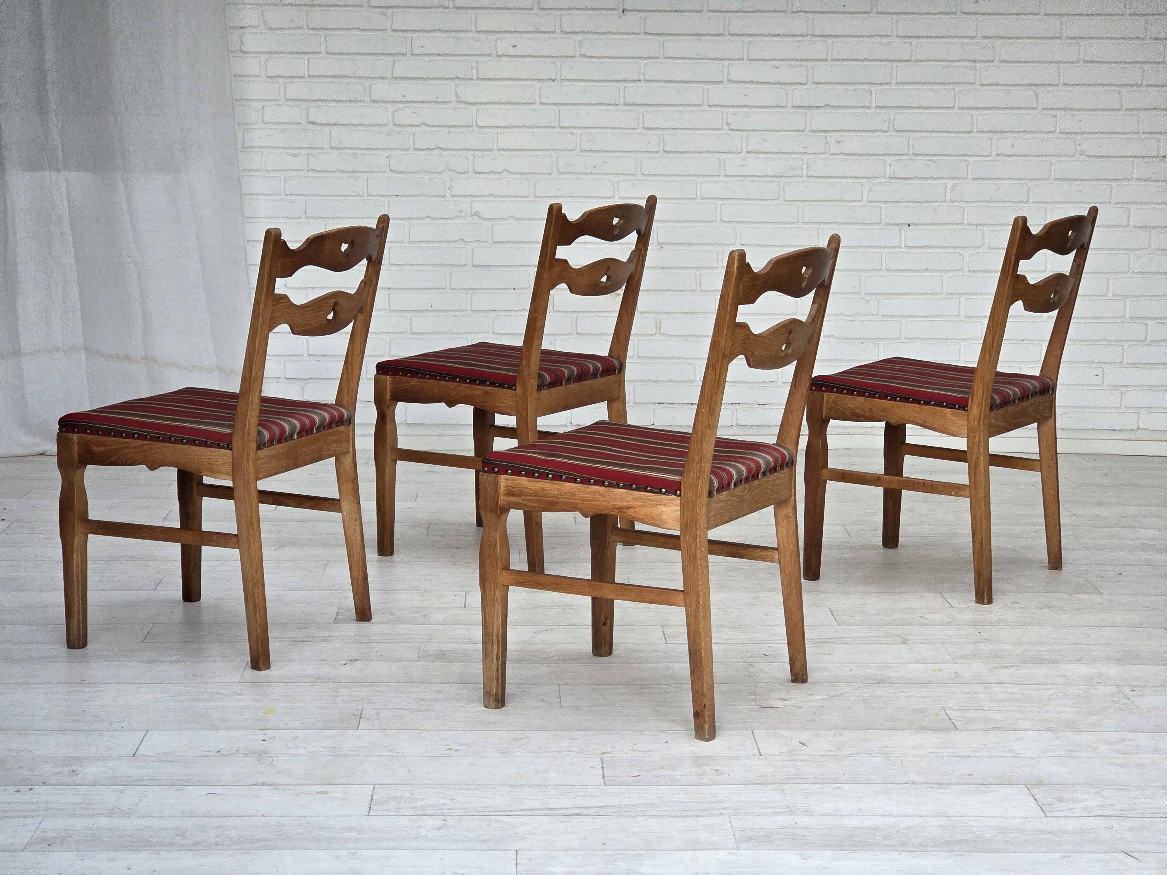 1960s, set of 4 pcs Danish dining chairs, furniture wool, solid oak wood.
