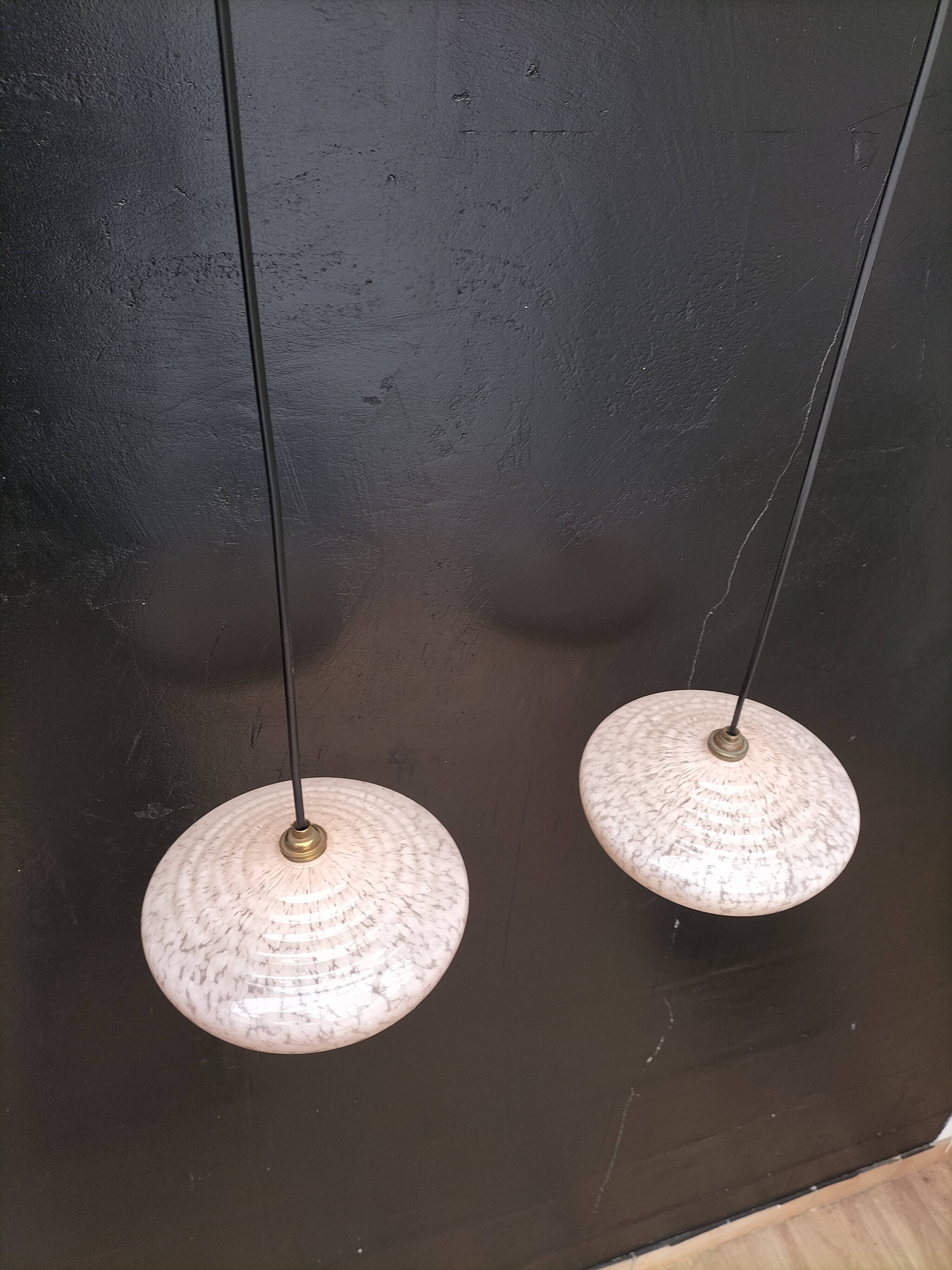 2 speckled pink opaline pendant lights