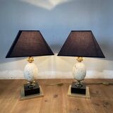 Pair of designer ostrich egg lamps in travertine from maison barbier