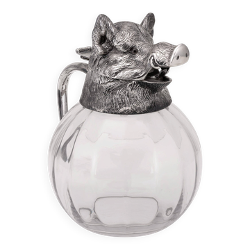 Pichet tête de sanglier en argent massif vintage des années 20 et pichet en verre par valenti vers 1970