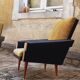 Pair of vintage 60s armchairs in black imitation leather and mustard toffee