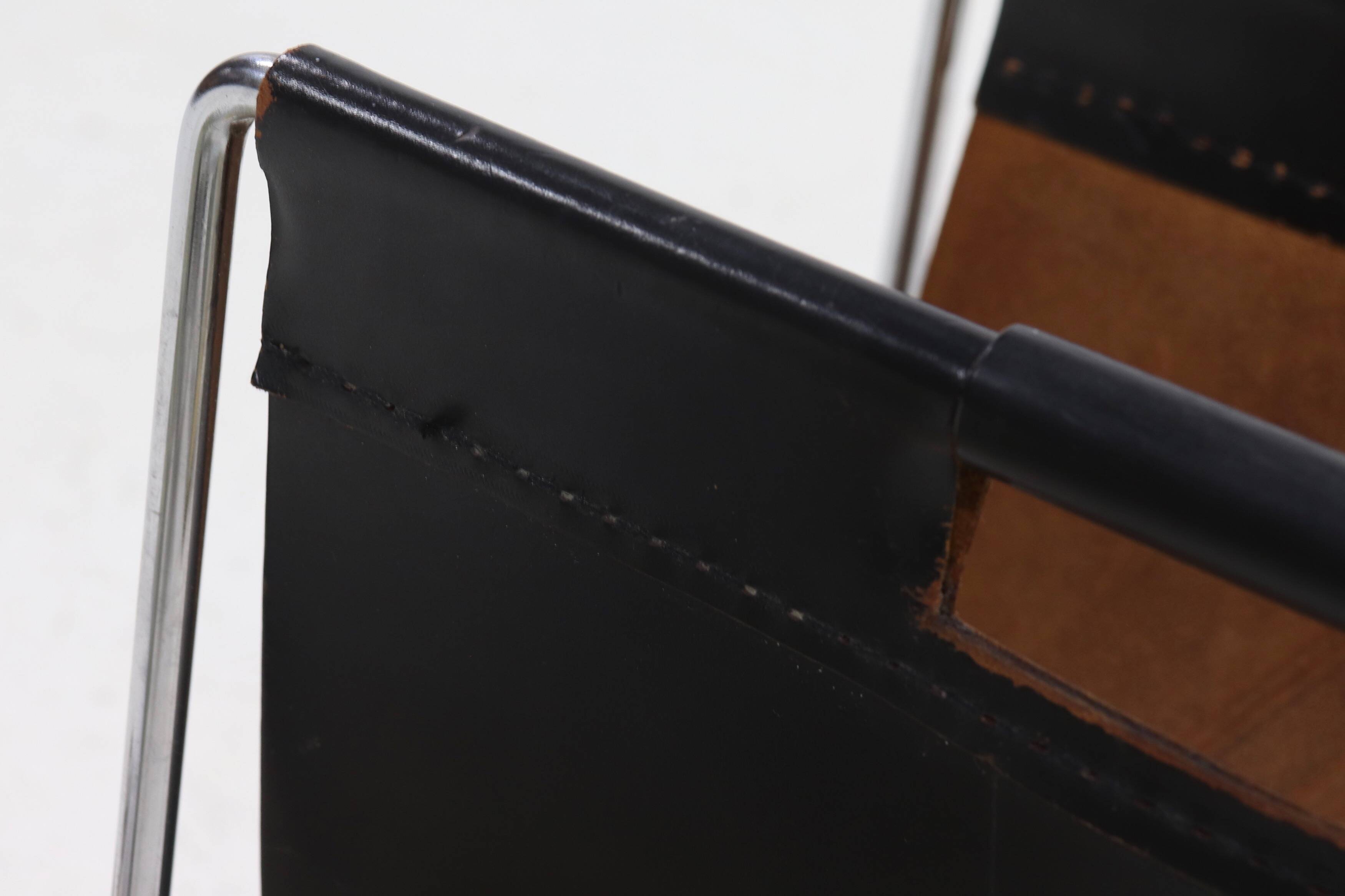 Vintage Brabantia Black Leather & Chrome Magazine Rack 1970s