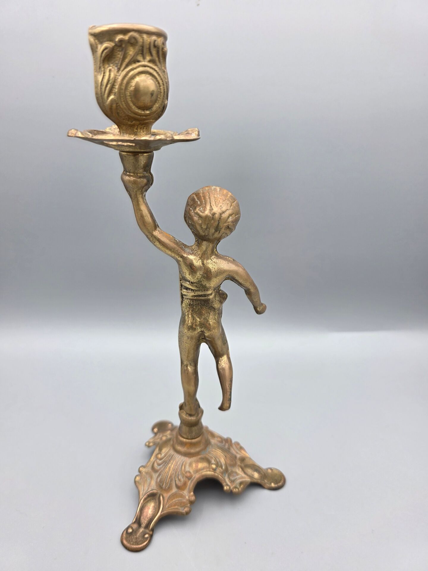 Antique gilded candlestick with cherub, French Rococo style, Belle Époque
