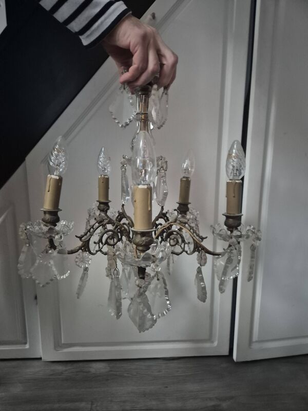 Lustre vintage année 60 70 avec pampilles en verres 5 bougies