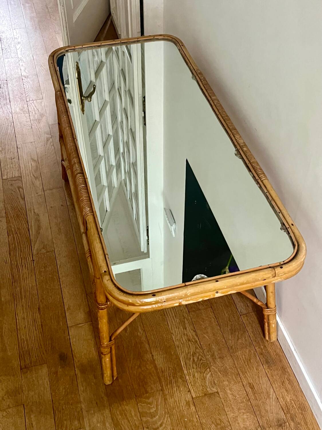 Coffee table, rattan mirror top 60s