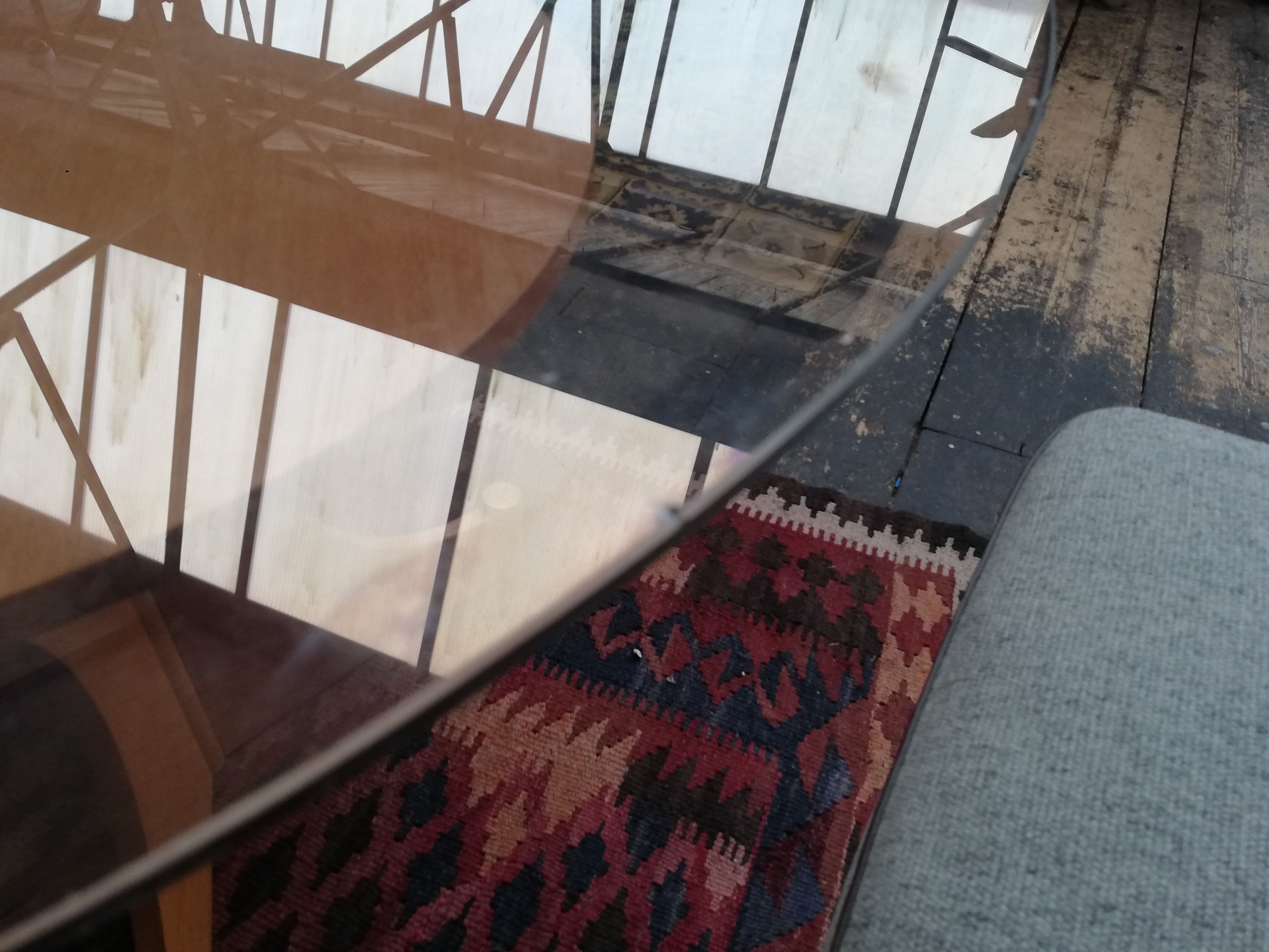 Vintage round wooden table and glass top, Czech, 1960, central leg