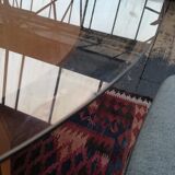 Table ronde vintage en bois et plateau verre, tchèque, 1960, pied central