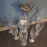 Carafe service 6 crystal and pewter flutes