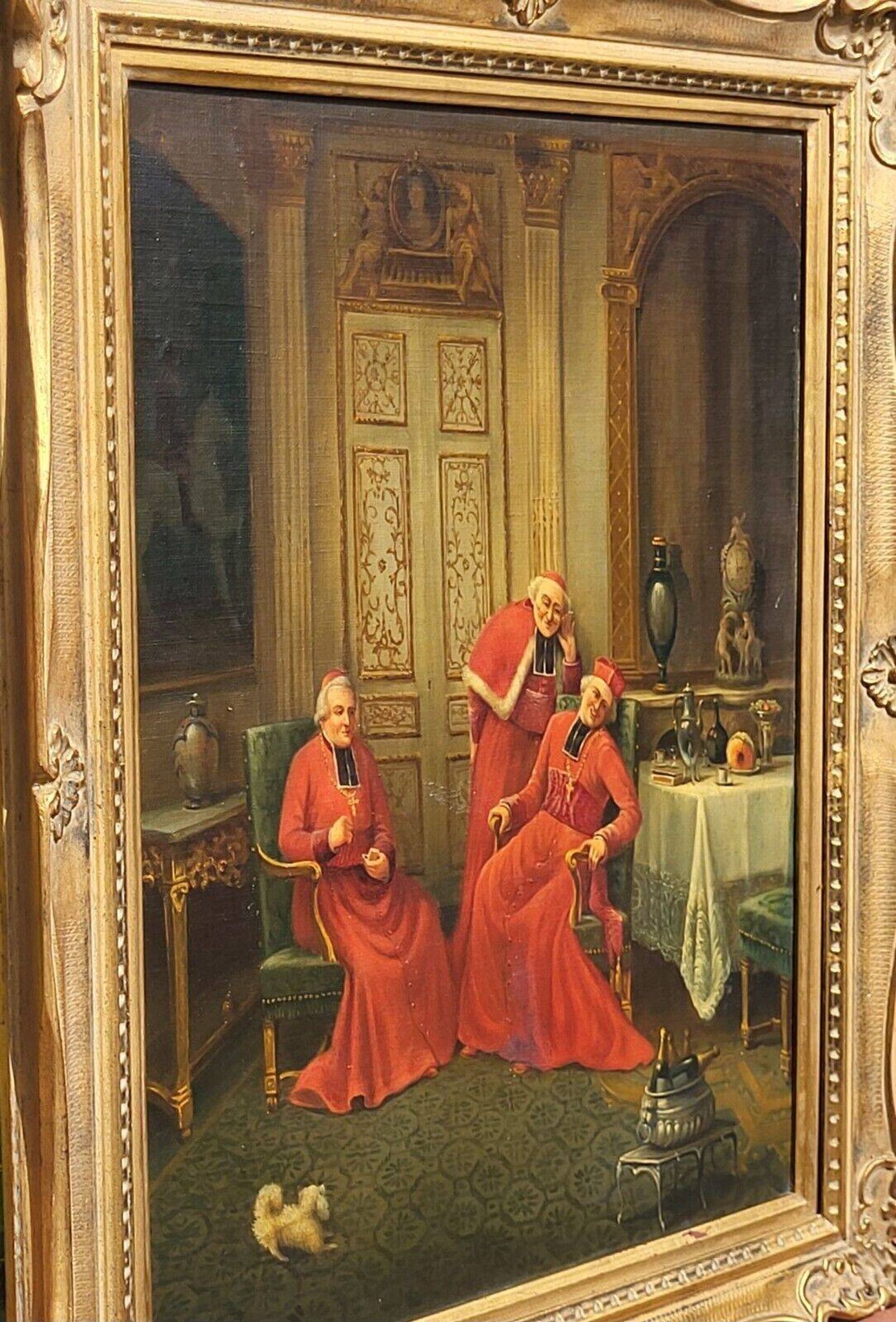 Signed Antique French Oil Painting – Cardinals in Luxurious Setting, 19th C