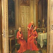 Signed Antique French Oil Painting – Cardinals in Luxurious Setting, 19th C