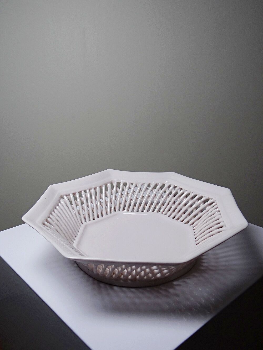 Pale pink woven octagonal porcelain bowl, circa 1950.
