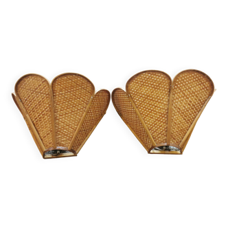Pair of vintage "tulip" wall lights in rattan and canework