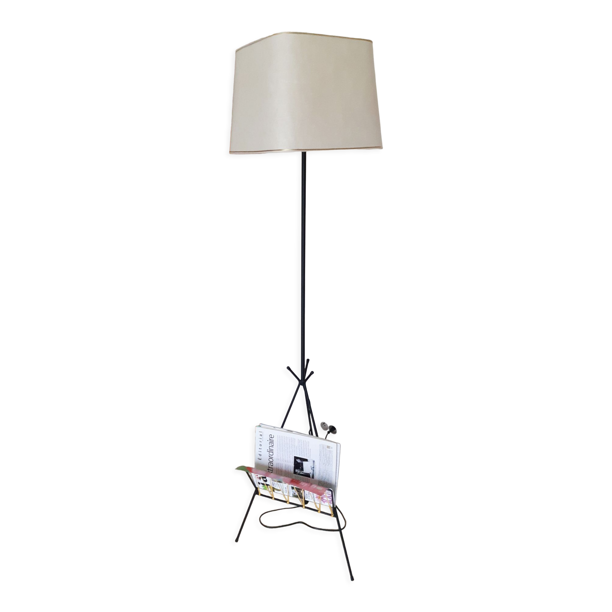 Black tripod floor lamp, magazine holder with scoubidou , vintage , 50s