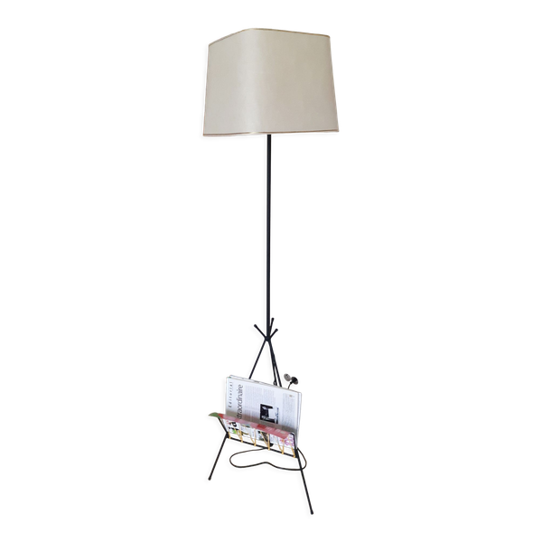 Lampadaire  tripode noir porte-revues avec scoubidou , vintage  , années 50