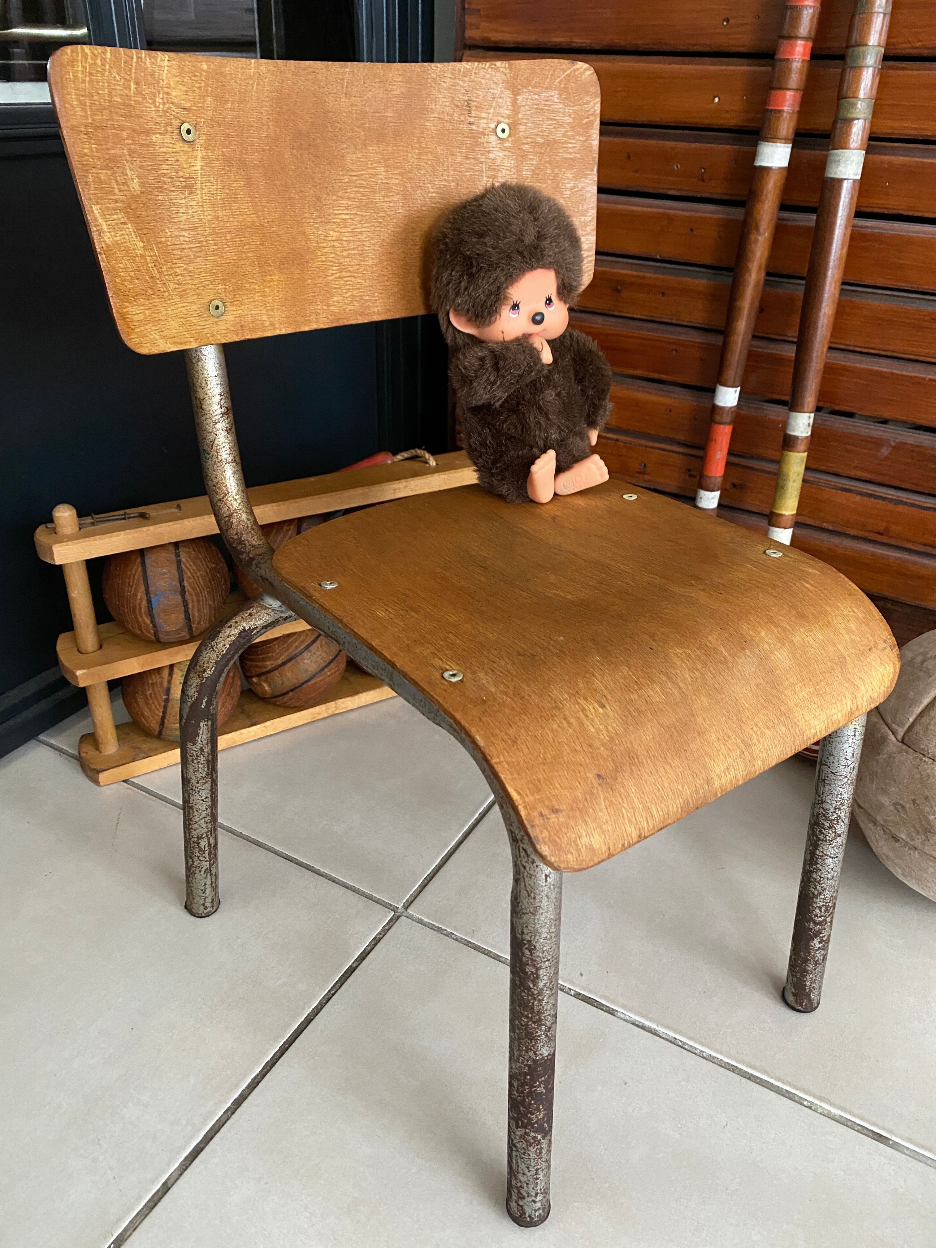 Old children's school chair wood and metal