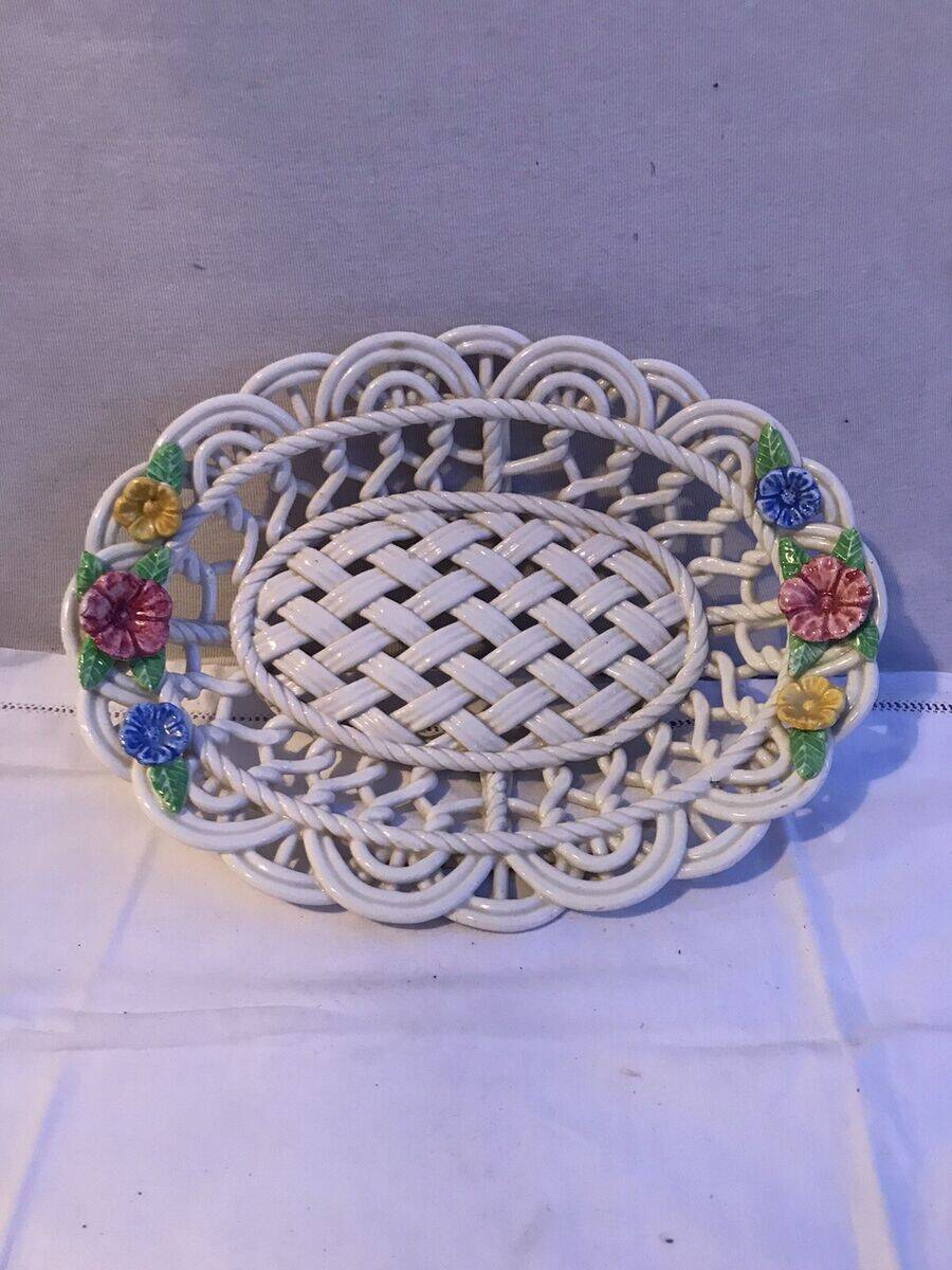 Old Oval Plate Cut-Out Ceramic Flower Relief Decor Italy Wine