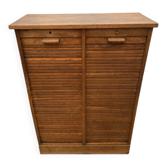 Meuble de métier rangement classeur à rideaux double colonne en chêne 1950