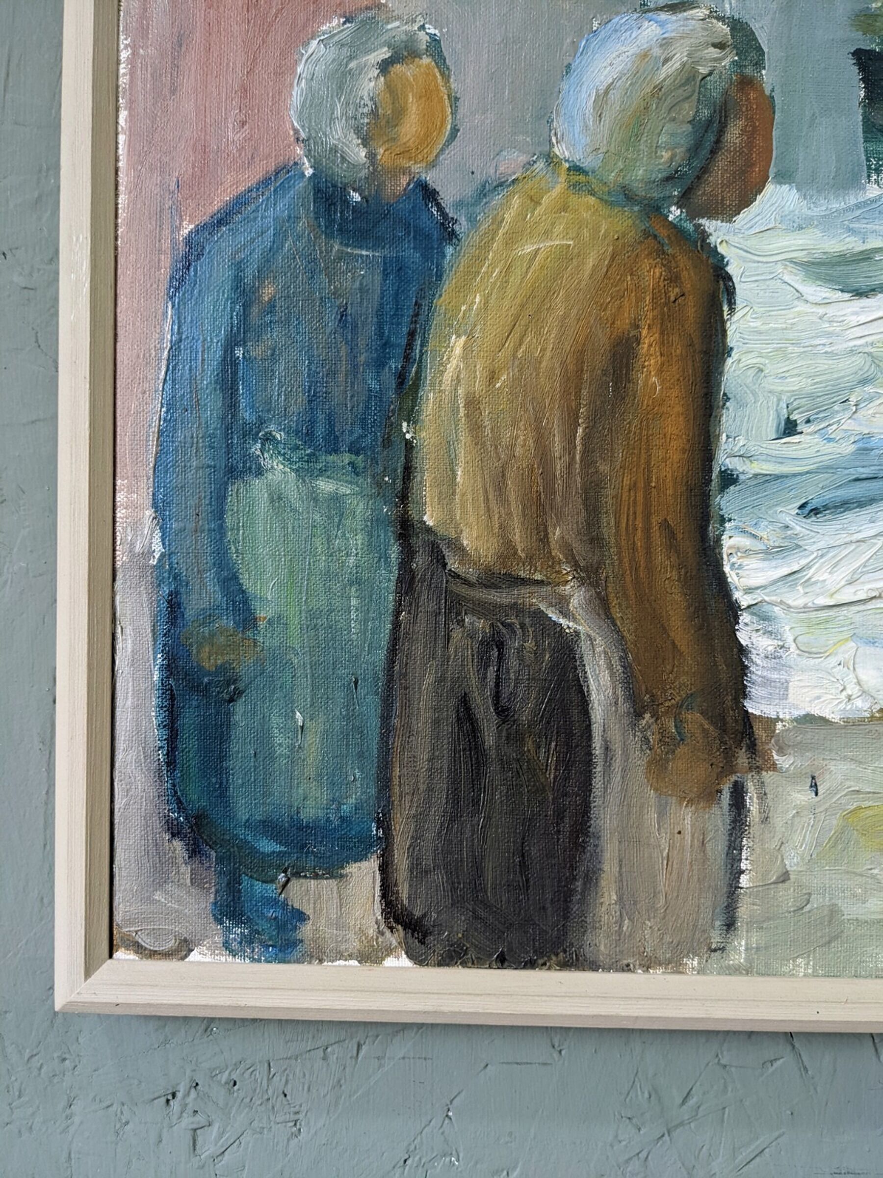 Mid-Century Modern Swedish "Watching the Storm" Vintage Expressive Seascape Oil Painting, Framed