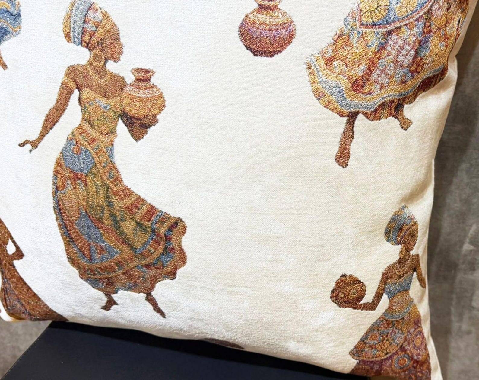 African Pottery Women Jacquard Cushion, Figural Woven Pillow Cover
