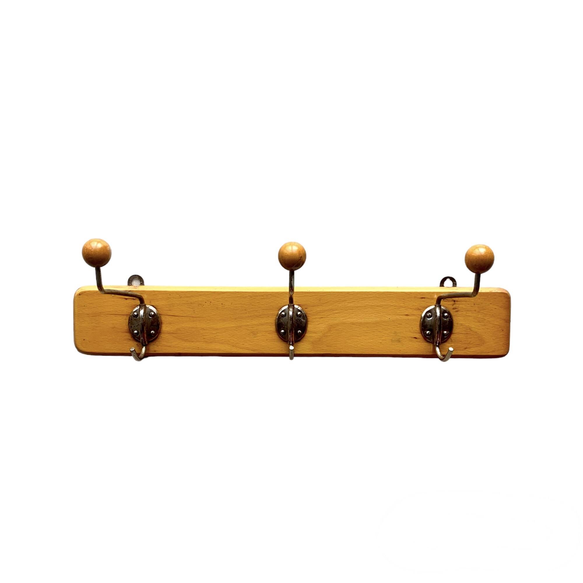 Vintage wooden wall coat rack - triple ball hook