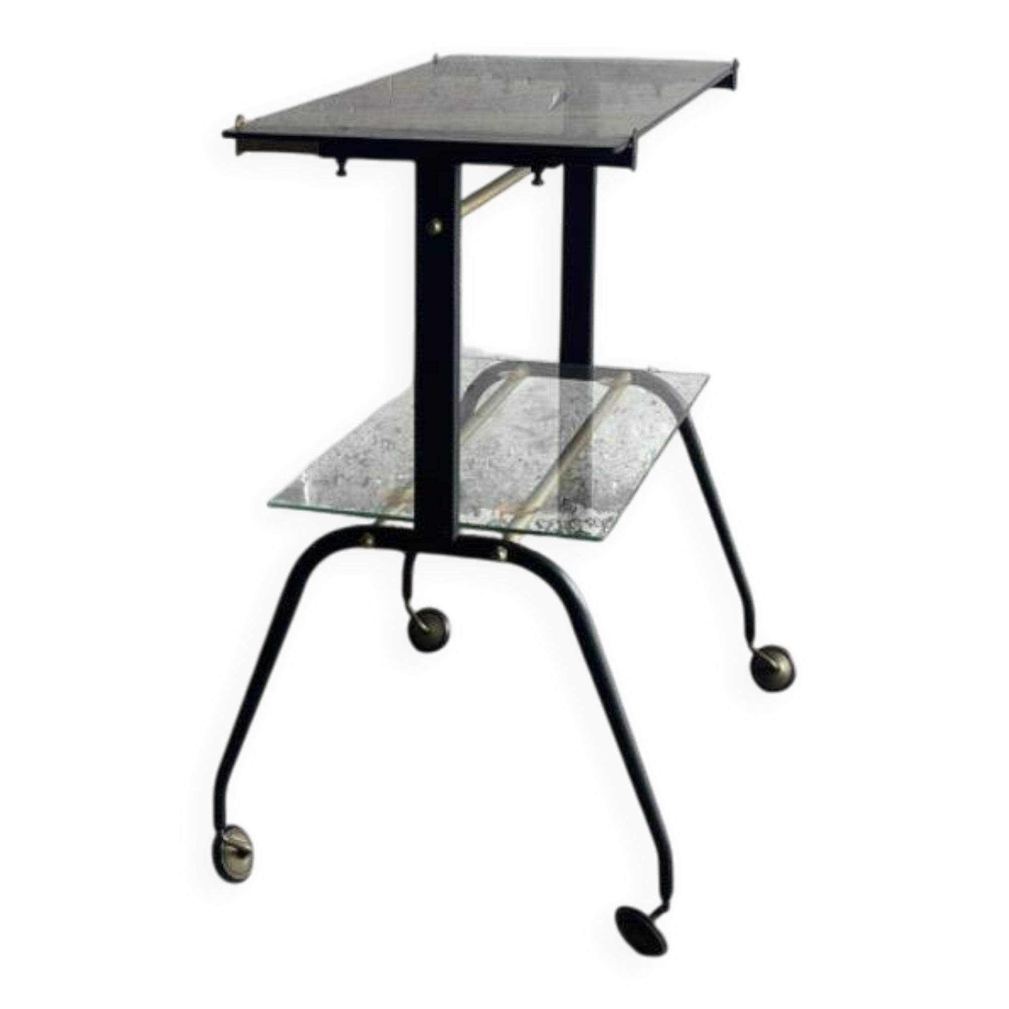 Black brass and glass mid-century trolley with sculptural legs — two-tier vintage bar cart