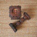 Pair of carved wood candlesticks iron nails handcrafted brutalist design candlesticks