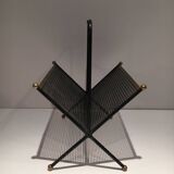 Black lacquered metal design magazine rack, perforated sheet and brass