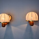 Pair of regency wall lights, pine and stretched canvas, Italy, 1970