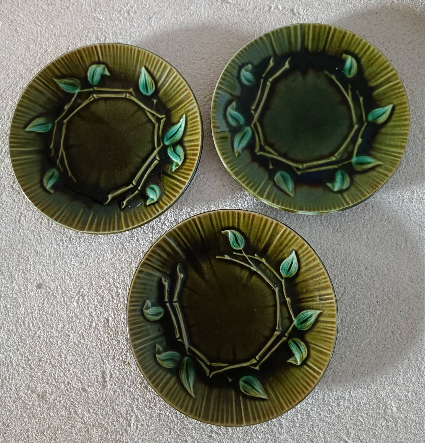 3 cups and saucers in bamboo-decorated earthenware