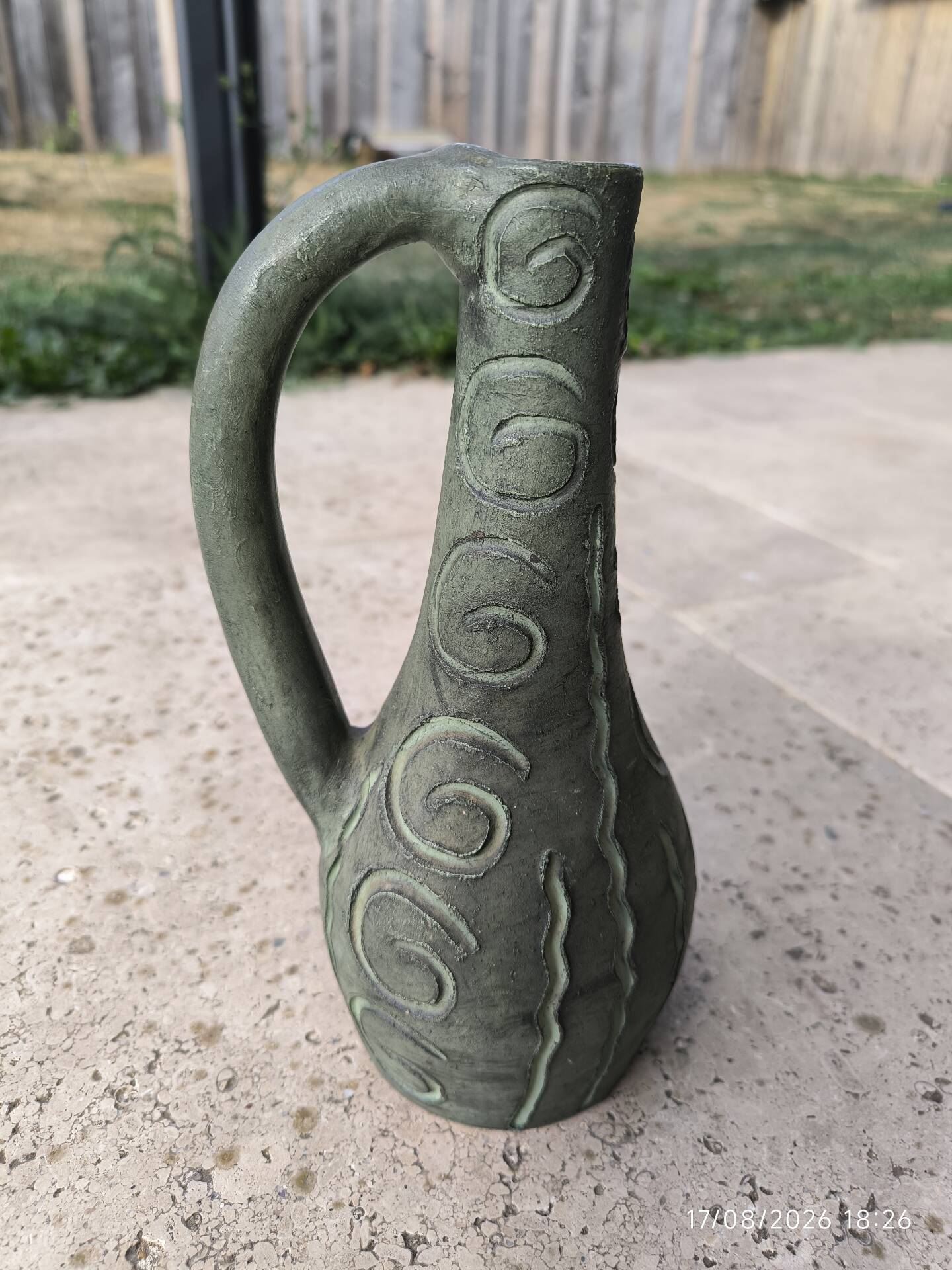 Large vintage ceramic pitcher vase – relief spiral decoration – no.