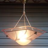 Art Deco ceiling lamp / chandelier in pink pressed molded glass in working order