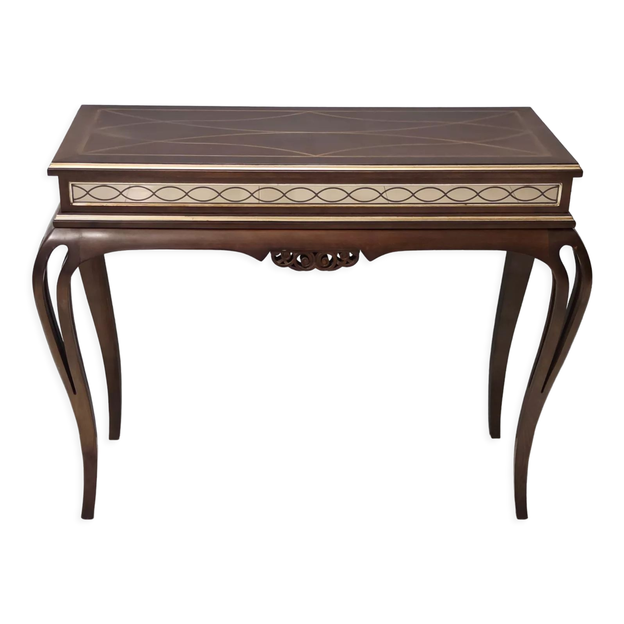 Vintage Rectangular Solid Walnut Console Table with Engraved Mirror Motif, Italy