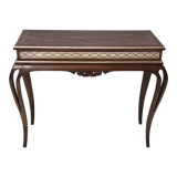 Vintage Rectangular Solid Walnut Console Table with Engraved Mirror Motif, Italy