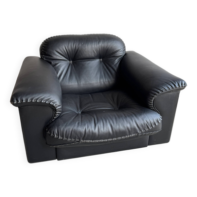 Fauteuil lounge en cuir noir De Sede DS-101 — Fauteuil suisse artisanal de style Mid-Century