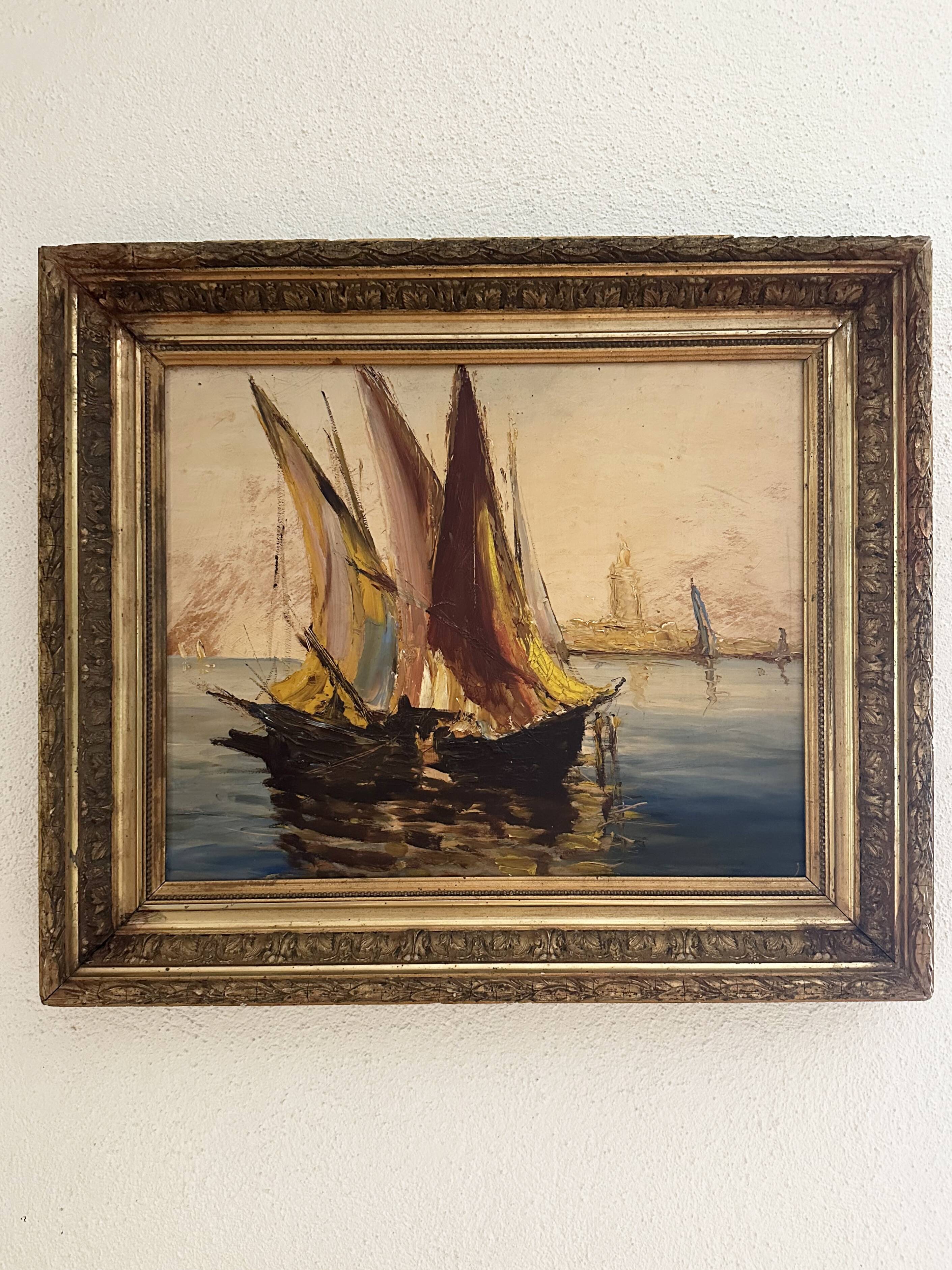 Very old painting of a Mediterranean port.