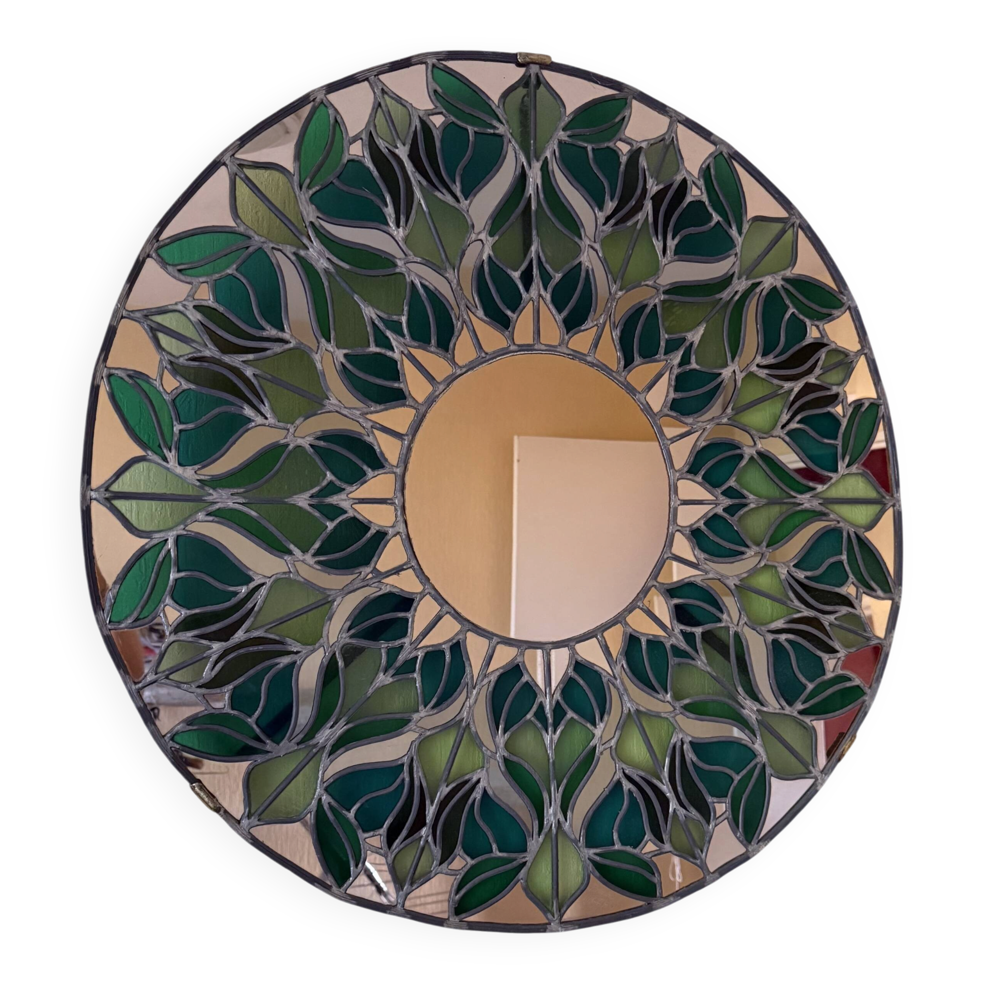 Tiffany stained glass mirror with plant decoration signed B. Nogaro