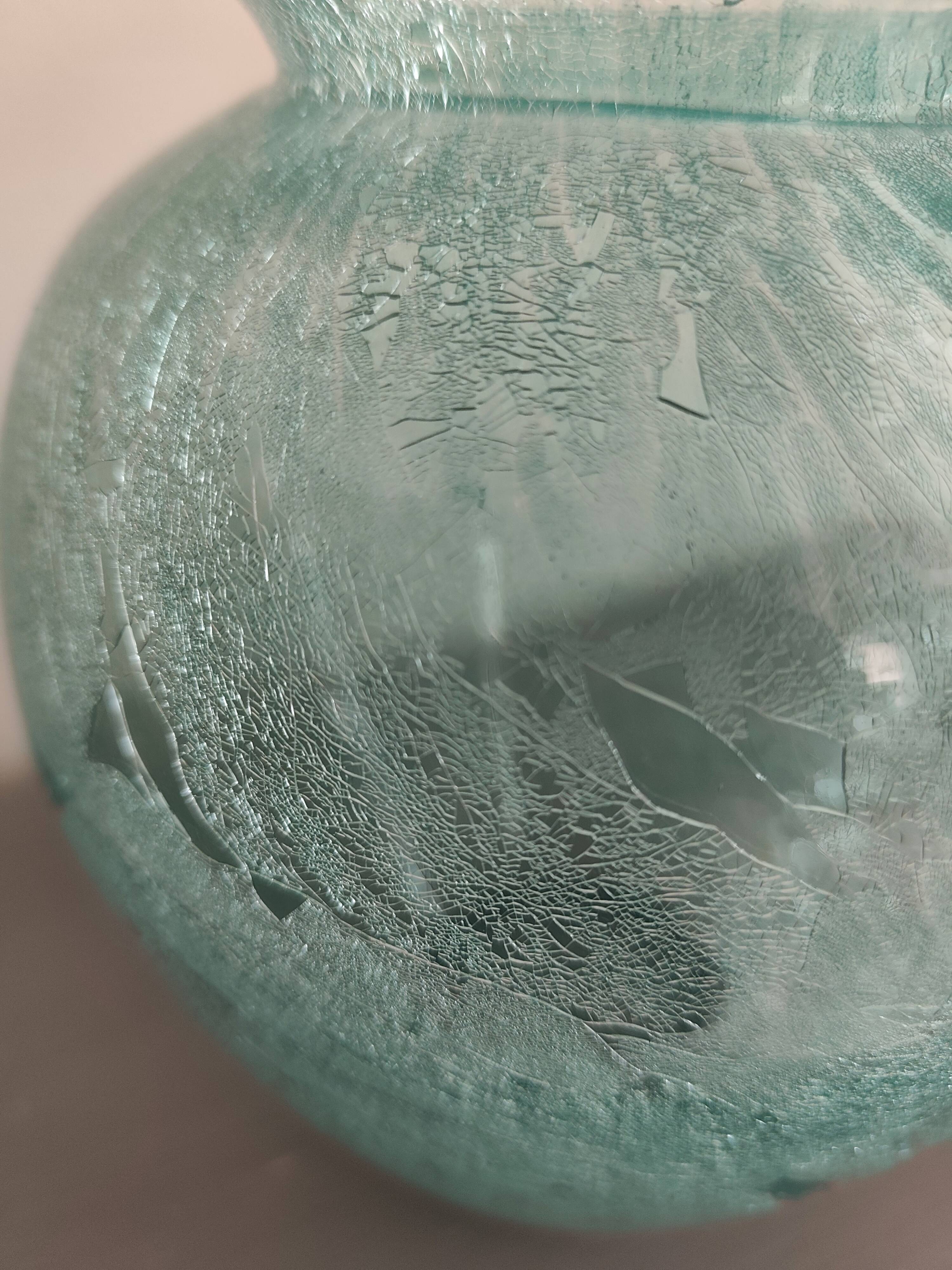 vase Karcagi Fátyolüveg cracked glass turquoise / blue-green water Hungary