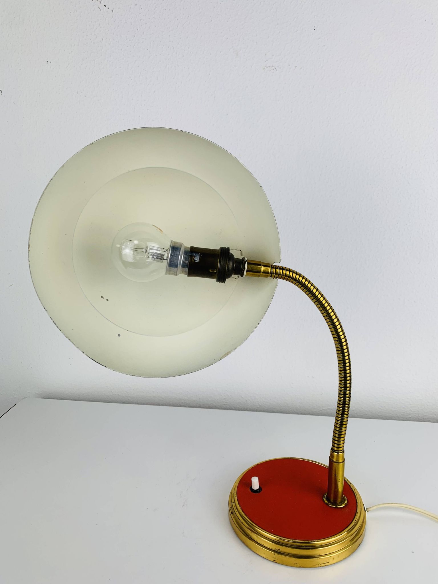 1950s desk lamp, red metal and brass