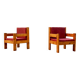 Pair of pine fireside chairs, France, 1960s, "raspberry" cushions