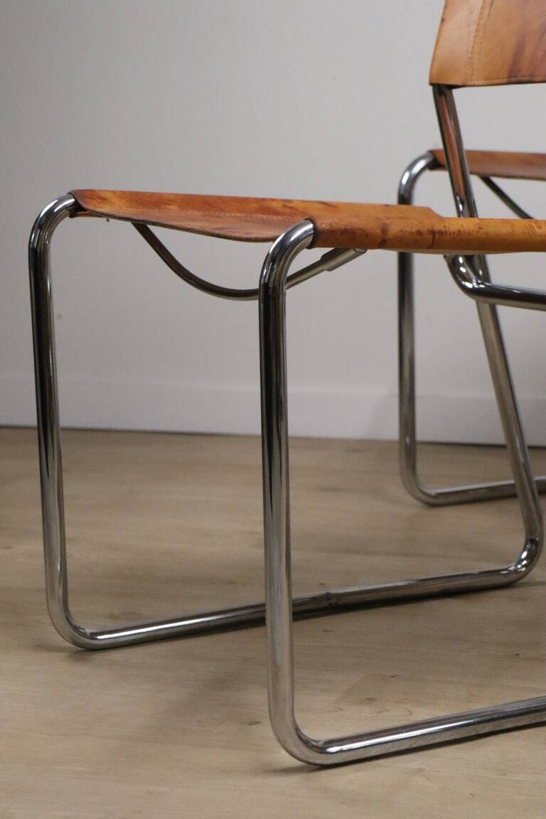 Set of 4 vintage leather and chrome metal chairs, 1970