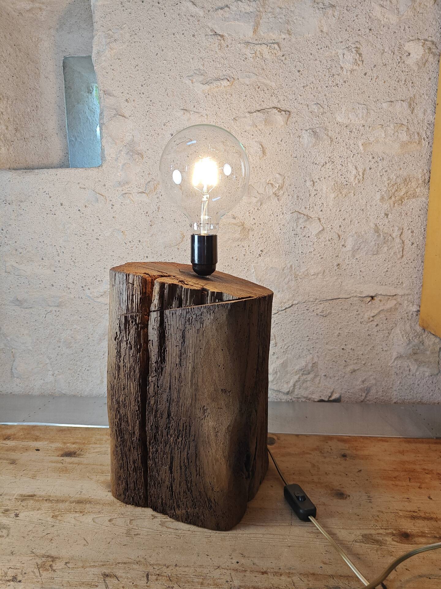 Brutalist table lamp in solid oak